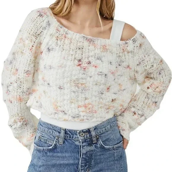 $148 Free People Sunset Cloud Pullover Sweater XS Cropped Confetti Knit - Picture 1 of 6